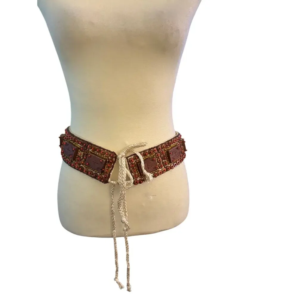 Boho handmade Beaded Wood Square Accent Wide Waist Belt Tie Sash Women 31.5